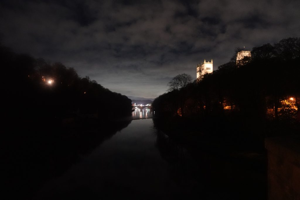 The Wear at night with Durham Cathedral on the right